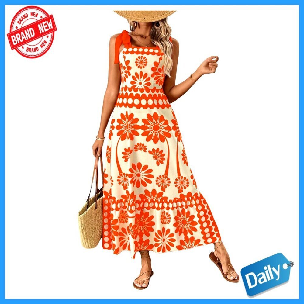 Vintage Sleeveless Tie Shoulder Maxi Sundress Floral Print Shirred Back